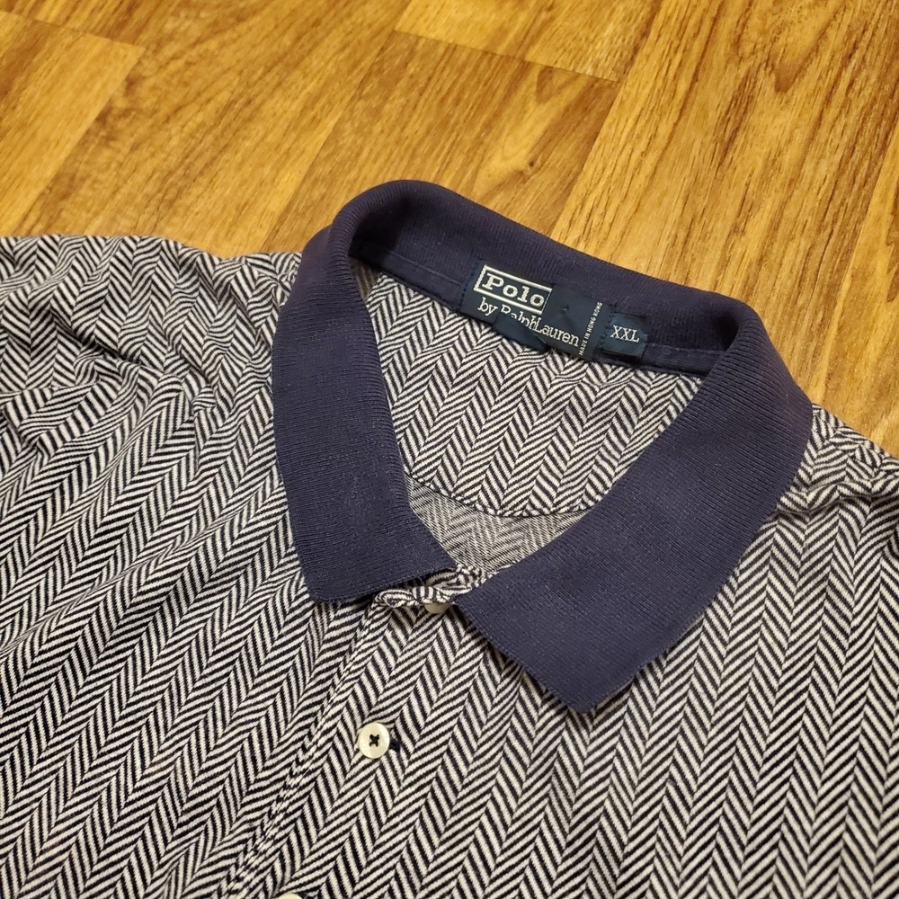 Vtg 90s Polo Ralph Lauren Shirt Men 2XL Blue Herringbone Short Sleeve Knit